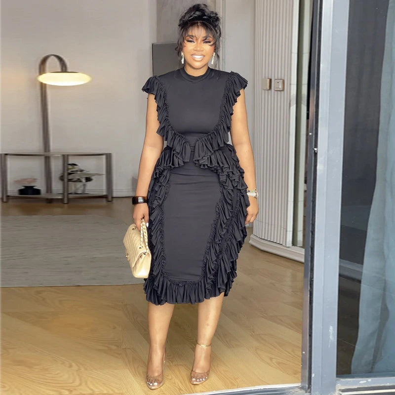 AyLu Signature Vintage Ruffle Slim Midi Dress