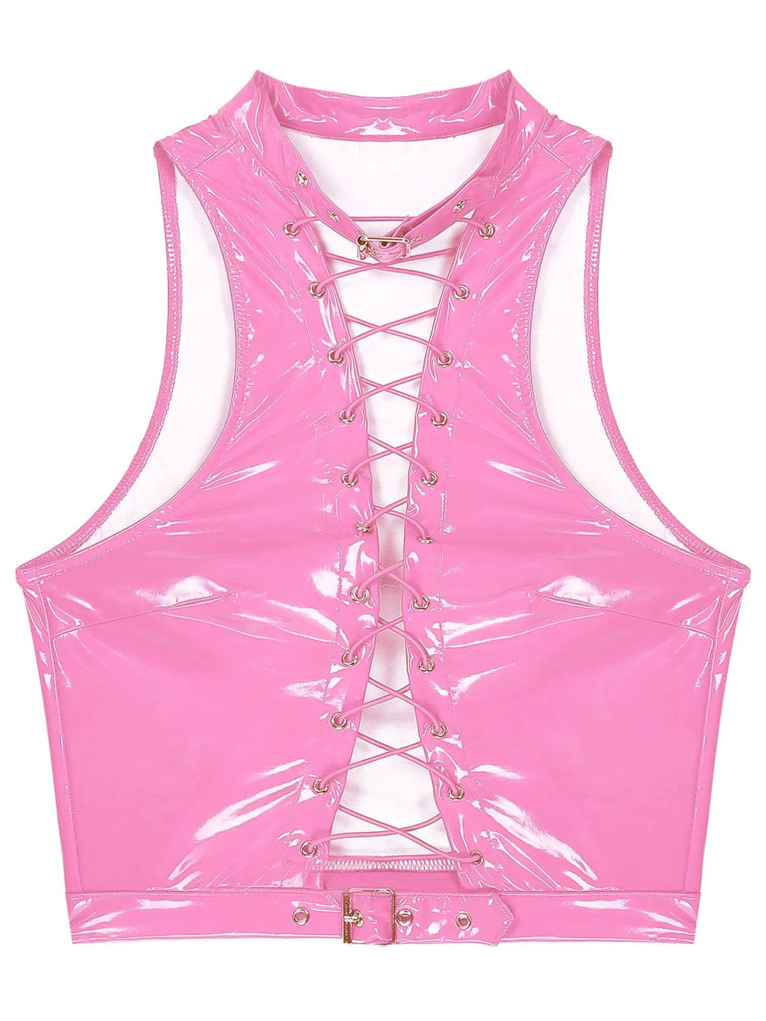 Women Leather Vest Gothic Steampunk Wet Look Hollow Out T-shirt Slim Bodycon Streetwear Sleeveless Crop Top Party Clubwear
