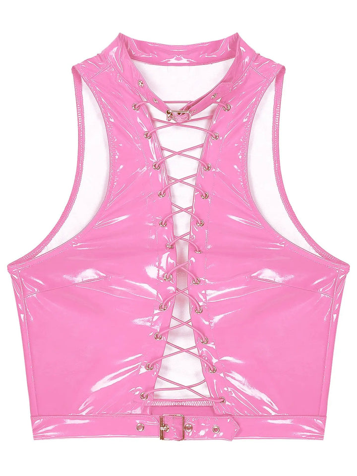 Women Leather Vest Gothic Steampunk Wet Look Hollow Out T-shirt Slim Bodycon Streetwear Sleeveless Crop Top Party Clubwear