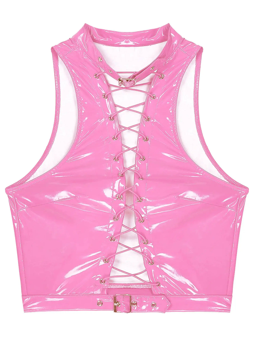 Women Leather Vest Gothic Steampunk Wet Look Hollow Out T-shirt Slim Bodycon Streetwear Sleeveless Crop Top Party Clubwear