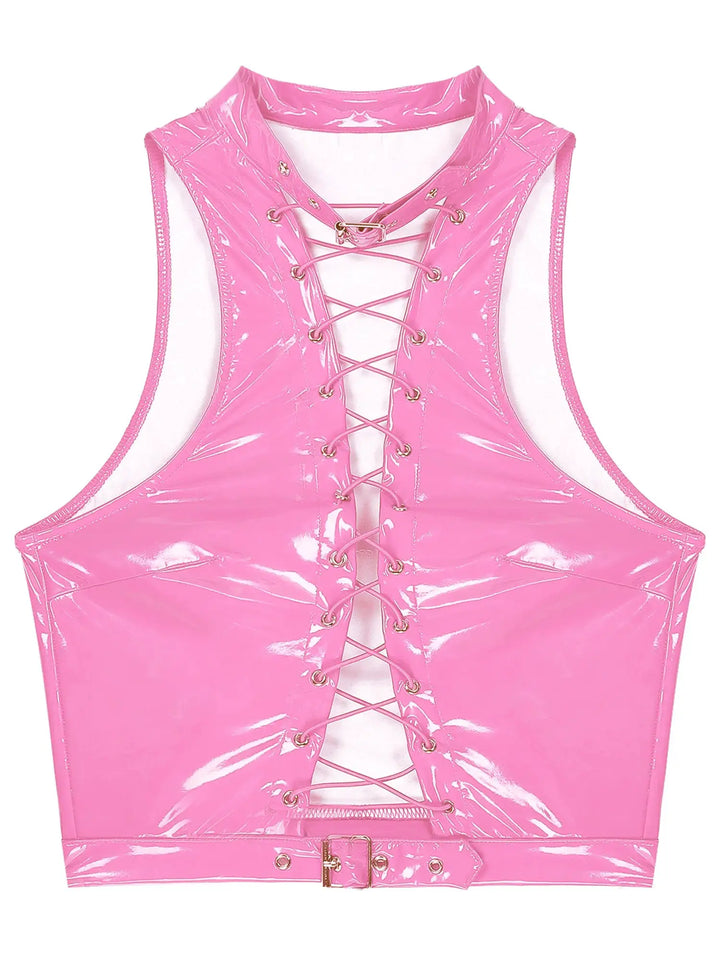 Women Leather Vest Gothic Steampunk Wet Look Hollow Out T-shirt Slim Bodycon Streetwear Sleeveless Crop Top Party Clubwear