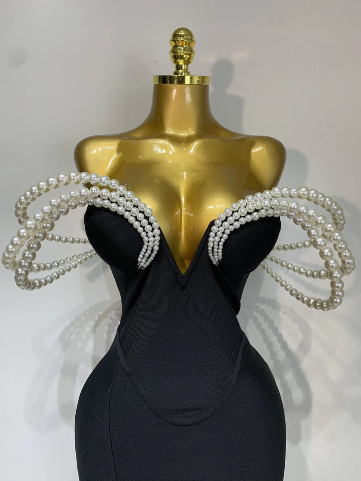 Women Pearls V Neck Maxi Bandage Dress Evening