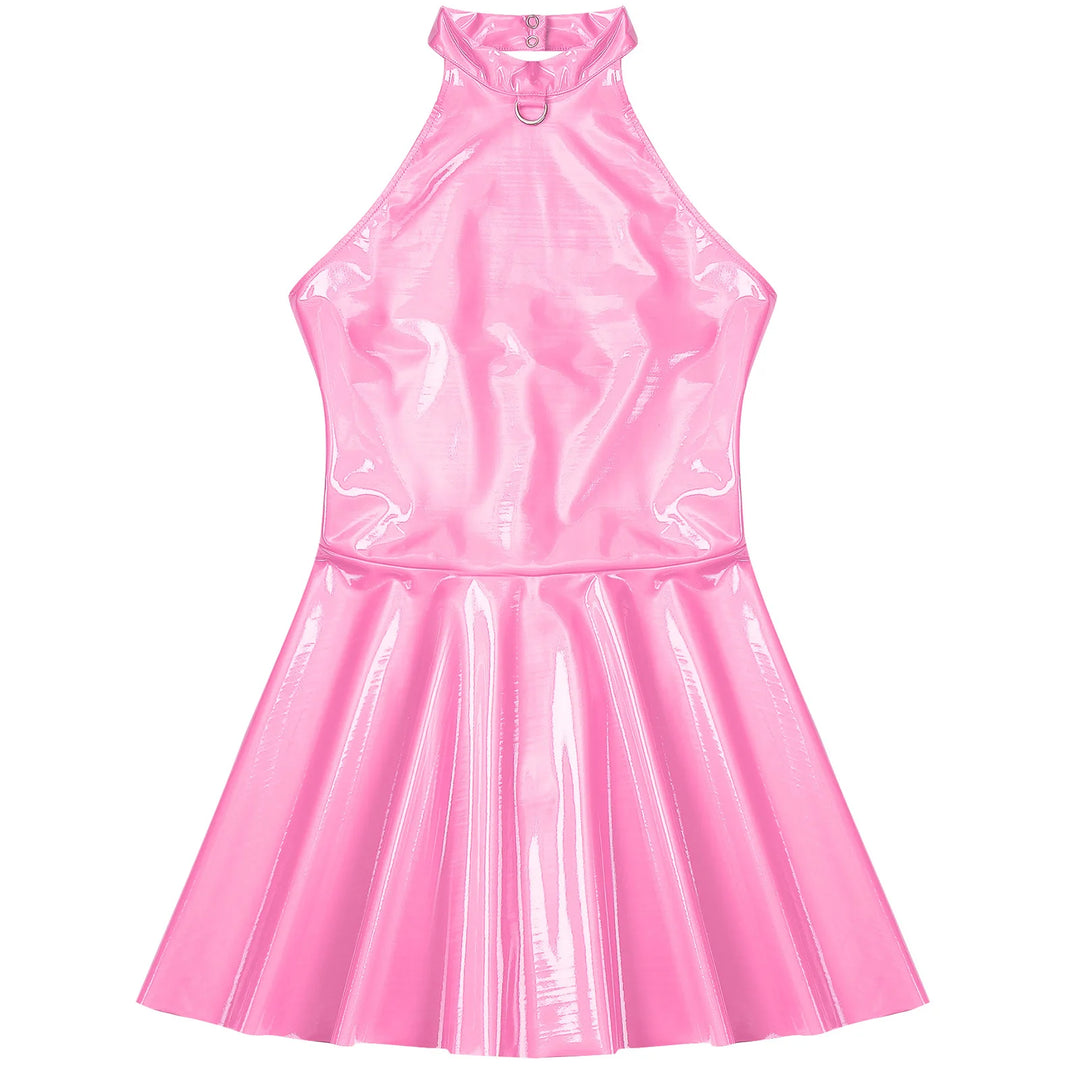 Glossy Patent Leather Mini Dress Disco Clubwear