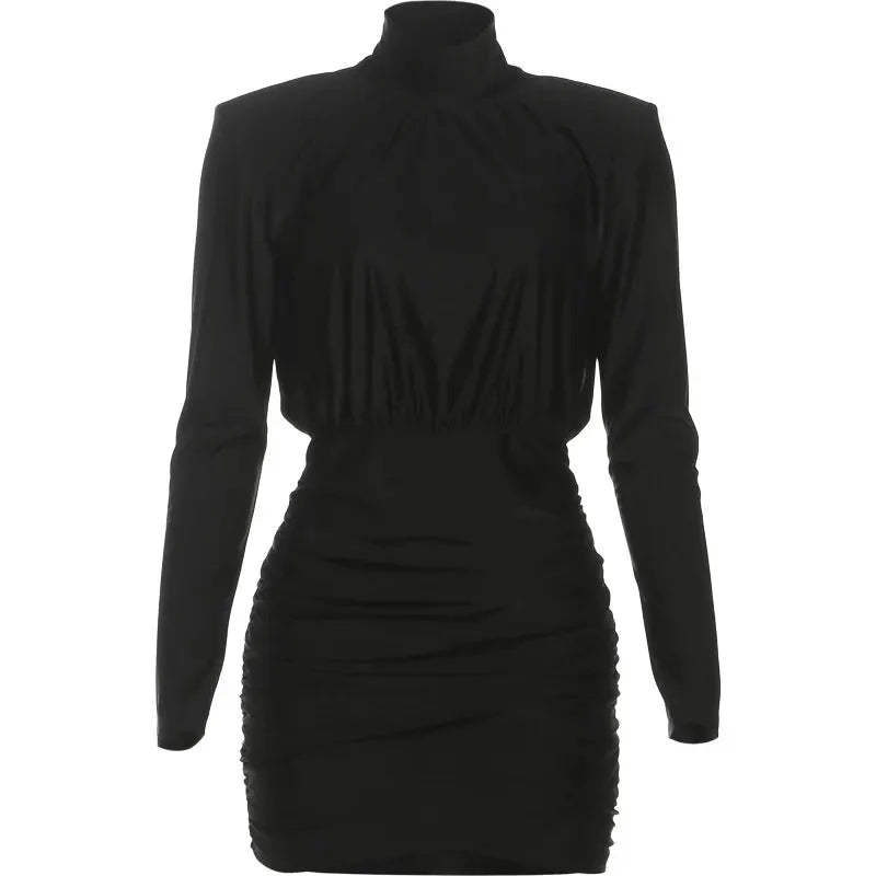 Nibber Classic Turtleneck Dress Women Shoulder Padded Ruched Sexy Office Commute Simple Peach Hip Skinny Elegant Mini Bodycon