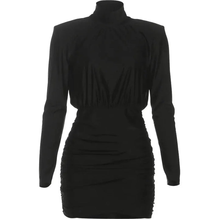 Nibber Classic Turtleneck Dress Women Shoulder Padded Ruched Sexy Office Commute Simple Peach Hip Skinny Elegant Mini Bodycon