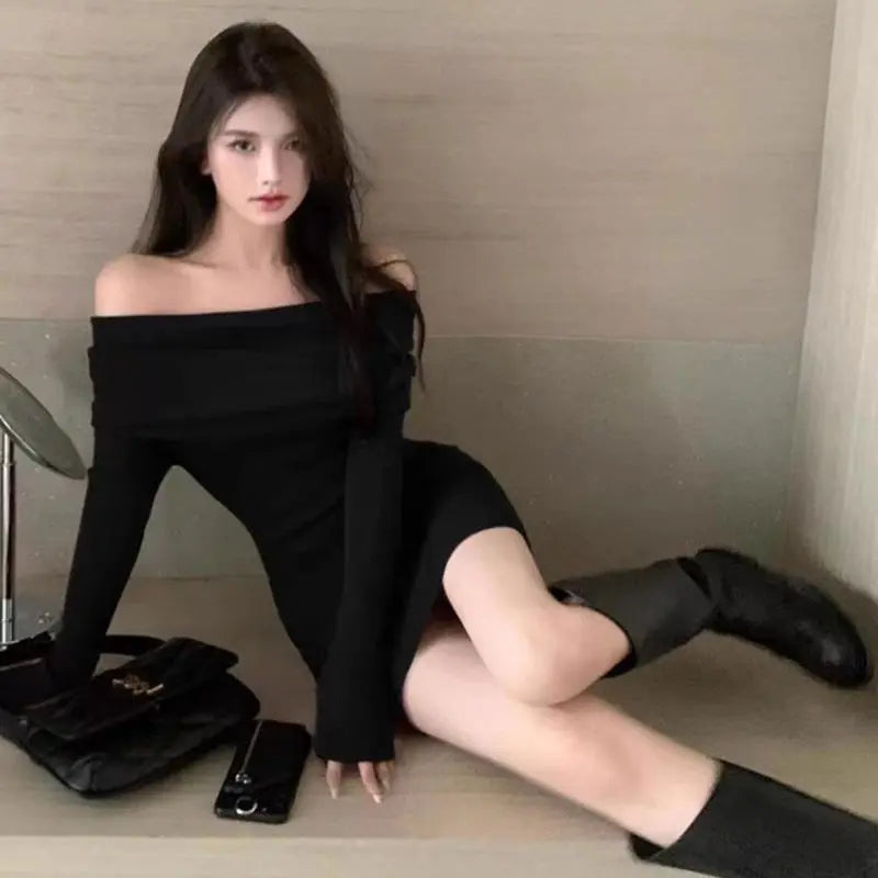 Black Off Shoulder Mini Dress Long Sleeve Bodycon