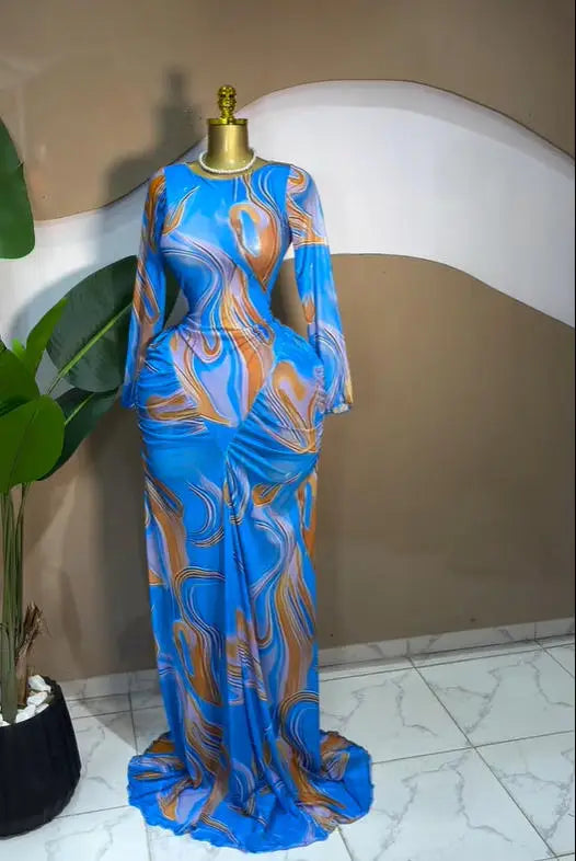 Tie Dye Ruched Long Sleeve Bodycon Maxi Dress