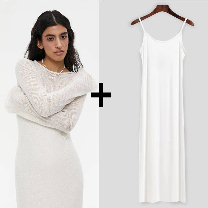 Elegant Elastic Knit Long Dress For Women Soft Chic O-Neck Sweater