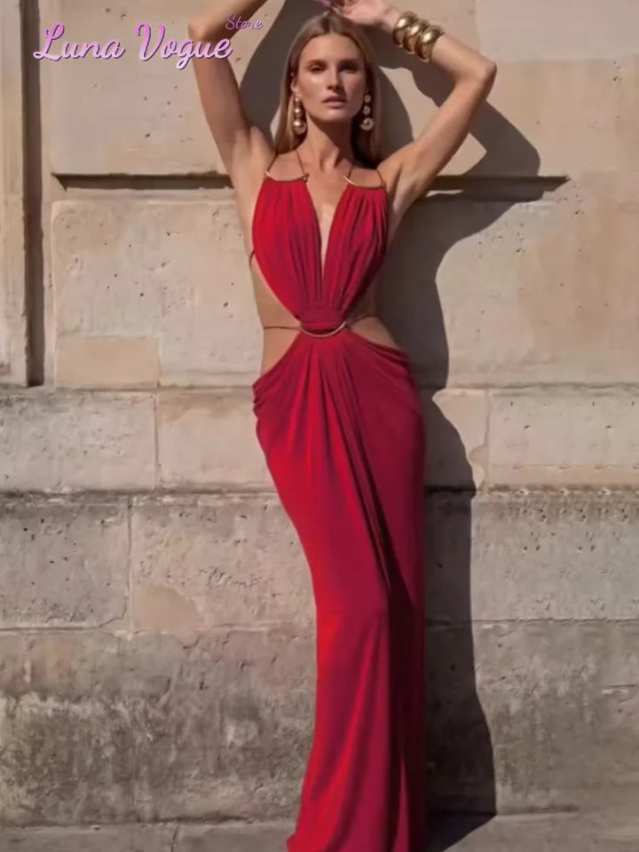 Elegant Solid Maxi Gown With Deep V Cutout
