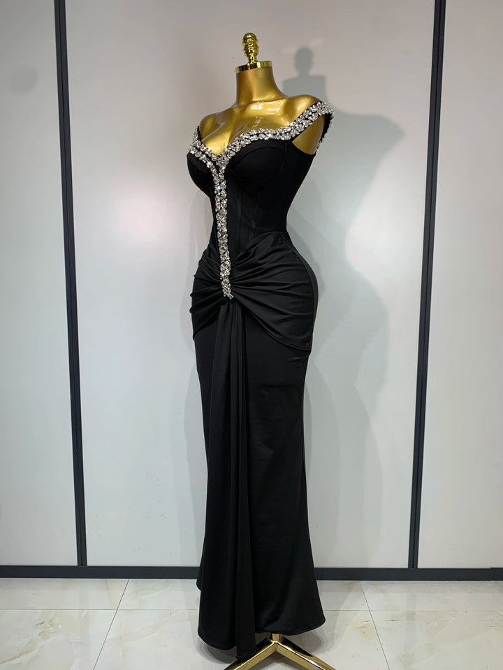 Women Off Shoulder Black Diamond Bodycon Dress