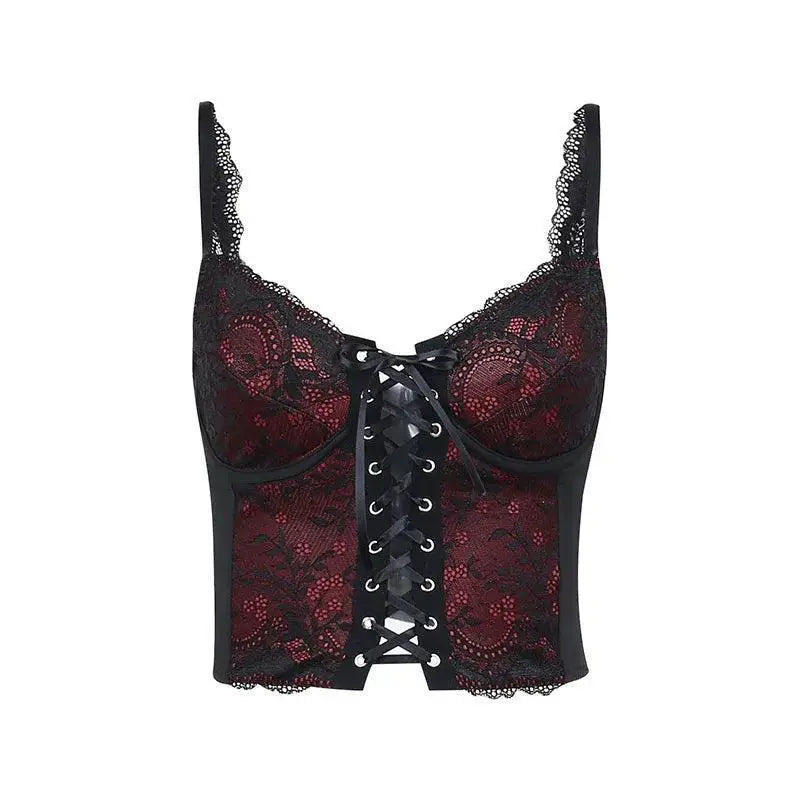 Gothic Cross Print Lace Trim Crop Top Edgy Corset Tank