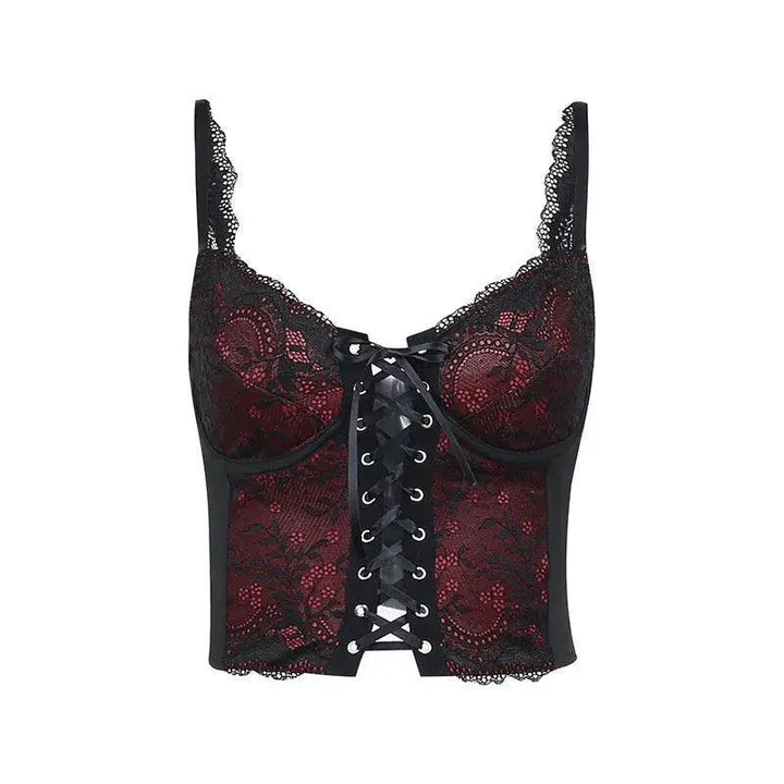 Gothic Cross Print Lace Trim Crop Top Edgy Corset Tank