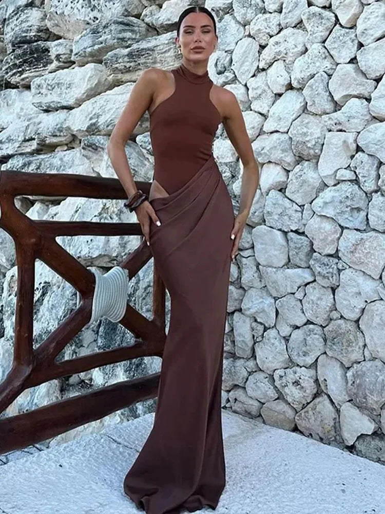 Julissa Mo Satin Sexy Hollow Out Maxi Black