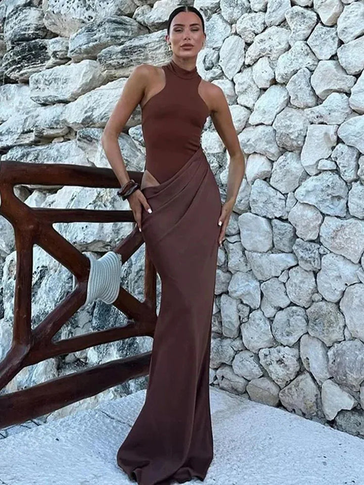 Julissa Mo Satin Sexy Hollow Out Maxi Black