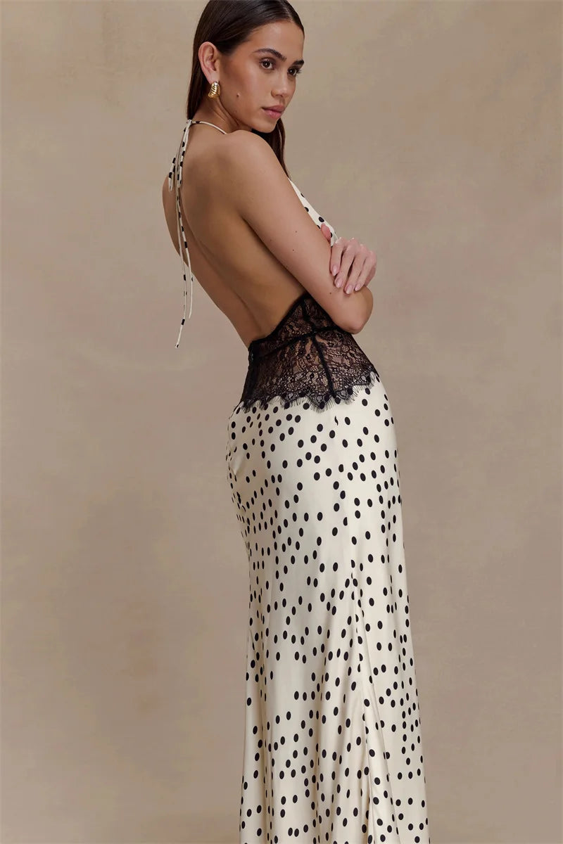 Elegant Polka Dot Lace Maxi With Backless V Neck