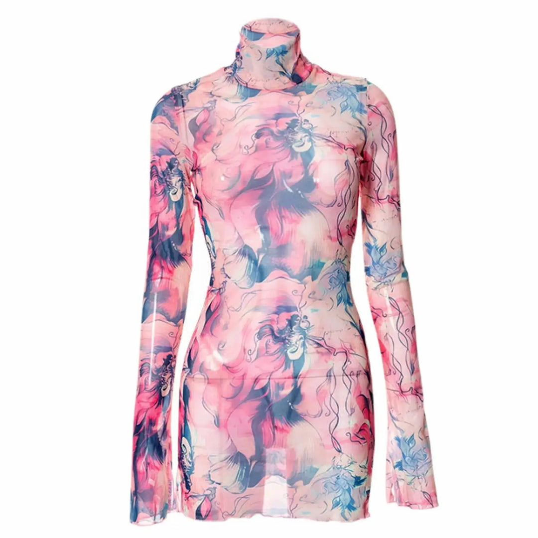 Ladies Mesh Printed Y2k Vintage Dress High Street Slim Elastic Bodycon Party Dress Round Neck Bell Sleeve Side Open Hip Dresses