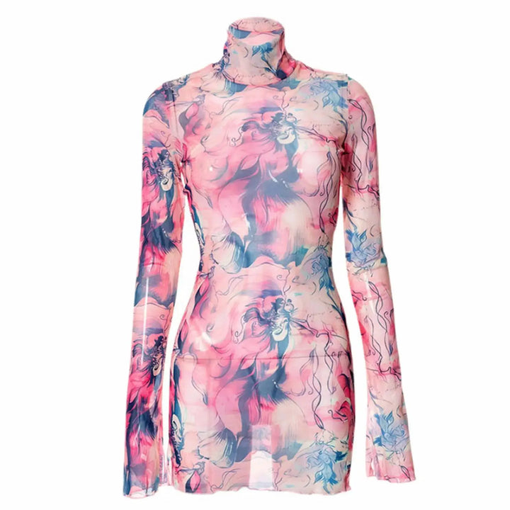 Ladies Mesh Printed Y2k Vintage Dress High Street Slim Elastic Bodycon Party Dress Round Neck Bell Sleeve Side Open Hip Dresses