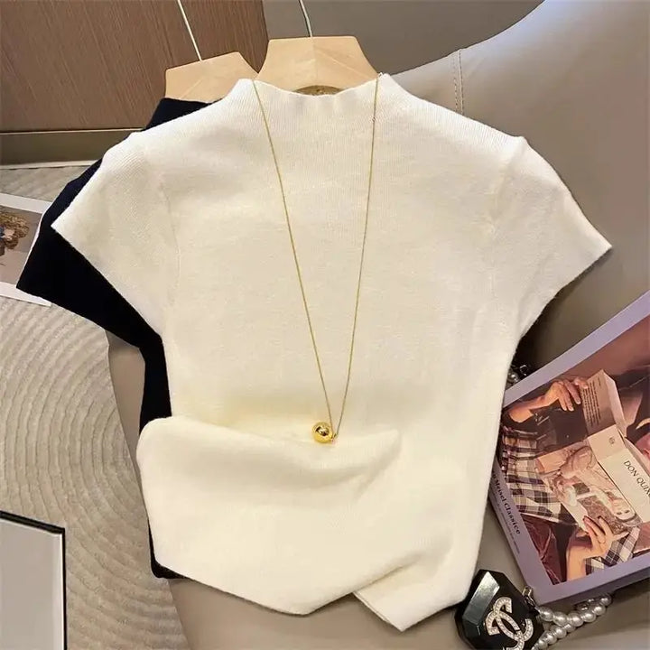 Basic Turtleneck Solid Thin Summer 2026 Pullover Women Female Knitted Sweater Slim Short Sleeve Bodycon Sweater