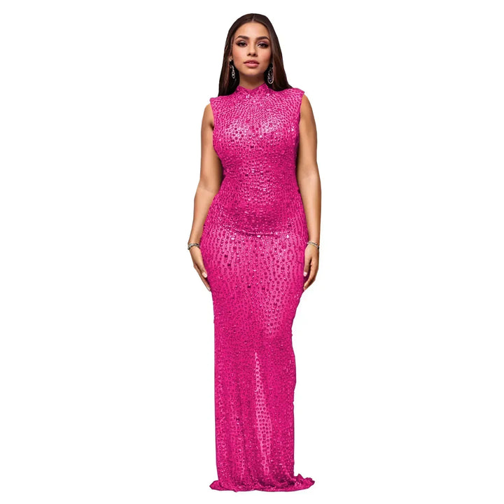 Diamonds Rhinestones O Neck Sleeveless Maxi Dress
