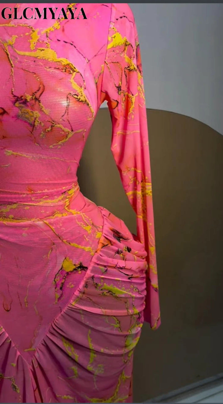 Premium Tie Dye Ruched Long Sleeve Bodycon Maxi