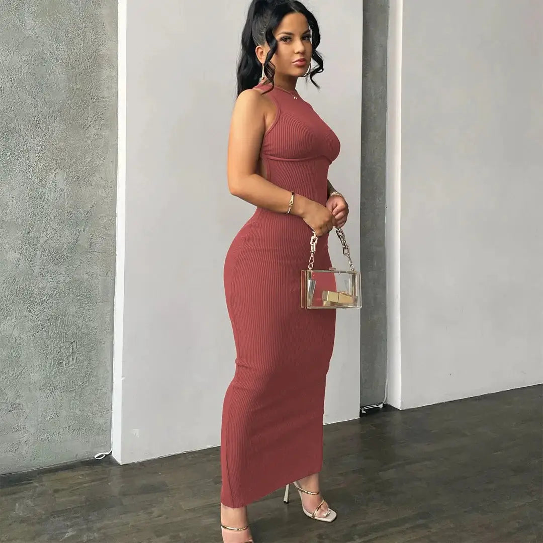 Hugcitar Ribbed Solid Hollow Out Backless Sleeveless Sexy Slit Mini Dress Bodycon 2025 Spring Women Outfits Elegant Party Y2K