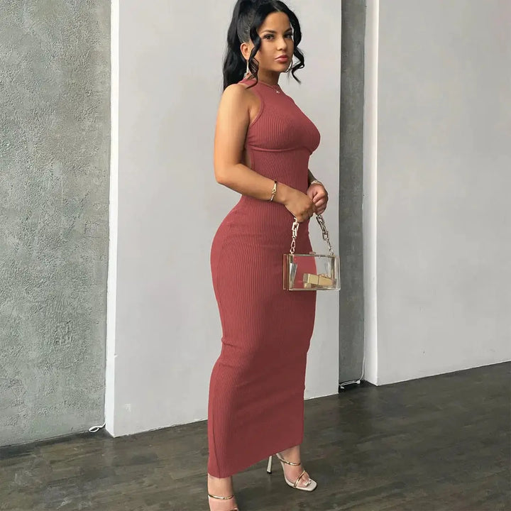 Hugcitar Ribbed Solid Hollow Out Backless Sleeveless Sexy Slit Mini Dress Bodycon 2025 Spring Women Outfits Elegant Party Y2K