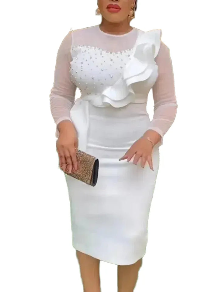 White Midi Bodycon Dress With Sheer Sleeve Design For Events