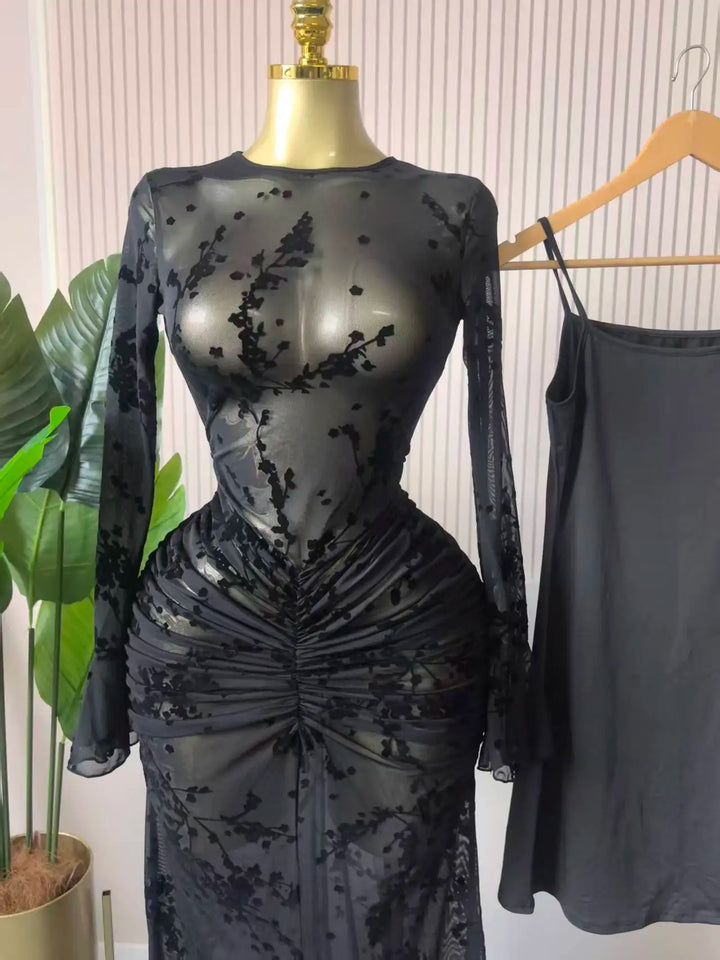 Elegant Long Sleeve Mesh Gown With Sheer Lining