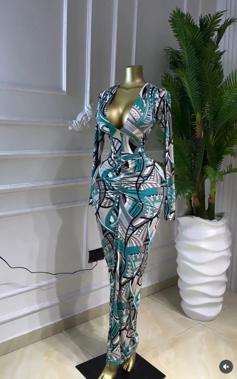 Printed Deep V Neck Ruched Bodycon Midi Dress