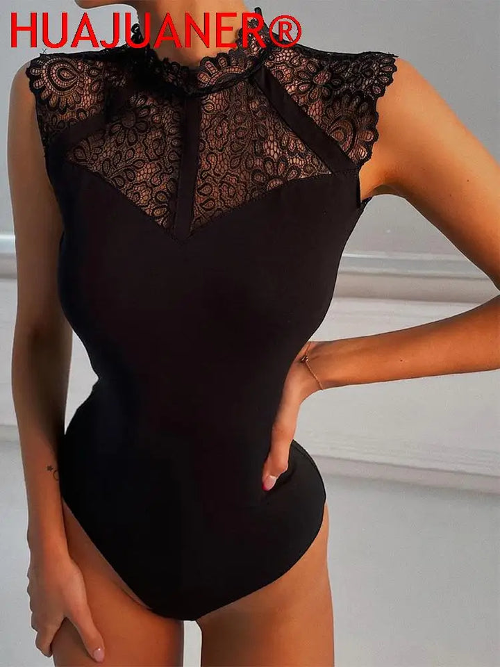 Women Lace Black Wrap Bodysuit Sleeveless Bodycon