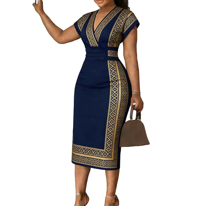 Navy Gold Geometric Bodycon Dress V-Neck Midi