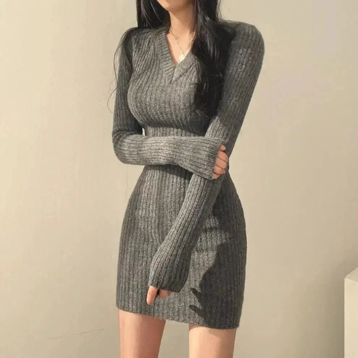 Retro Knit V Neck Bodycon Dress Vintage Fall Winter Sweater