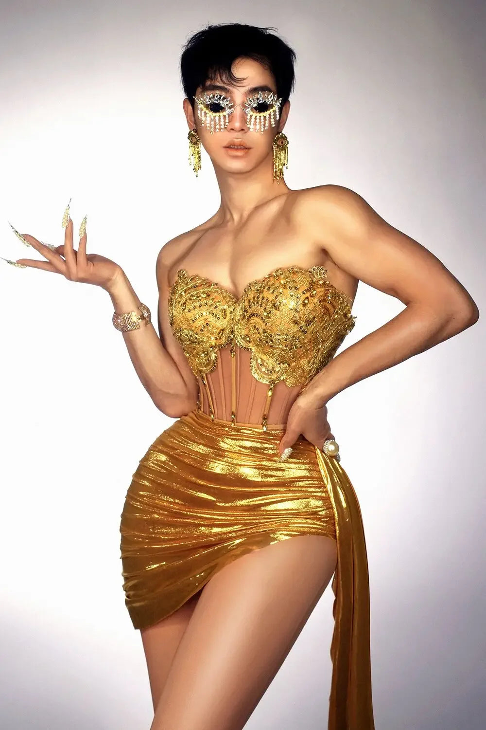 Gold Color Women Strapless 2 Piece Bodycon Dress