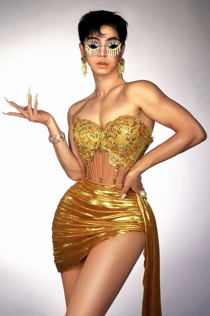 Gold Color Women Strapless 2 Piece Bodycon Dress