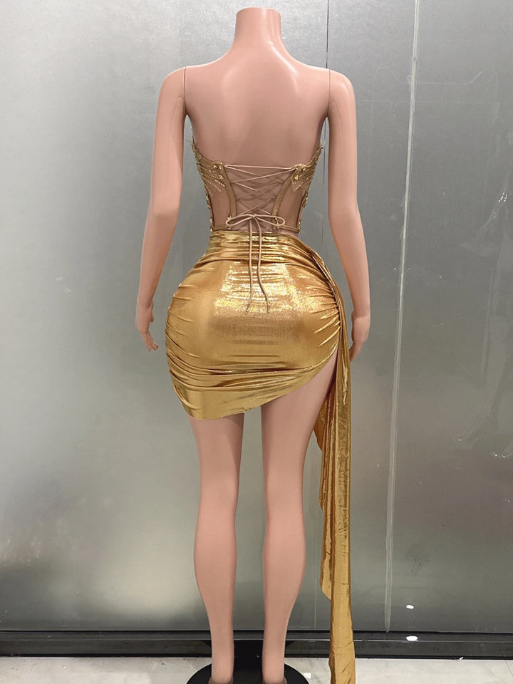 Gold Color Women Strapless 2 Piece Bodycon Dress