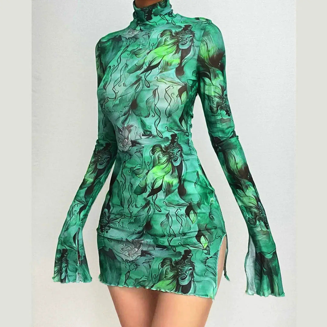 Ladies Mesh Printed Y2k Vintage Dress High Street Slim Elastic Bodycon Party Dress Round Neck Bell Sleeve Side Open Hip Dresses