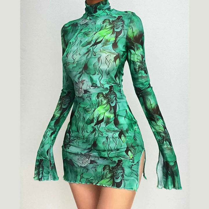 Ladies Mesh Printed Y2k Vintage Dress High Street Slim Elastic Bodycon Party Dress Round Neck Bell Sleeve Side Open Hip Dresses