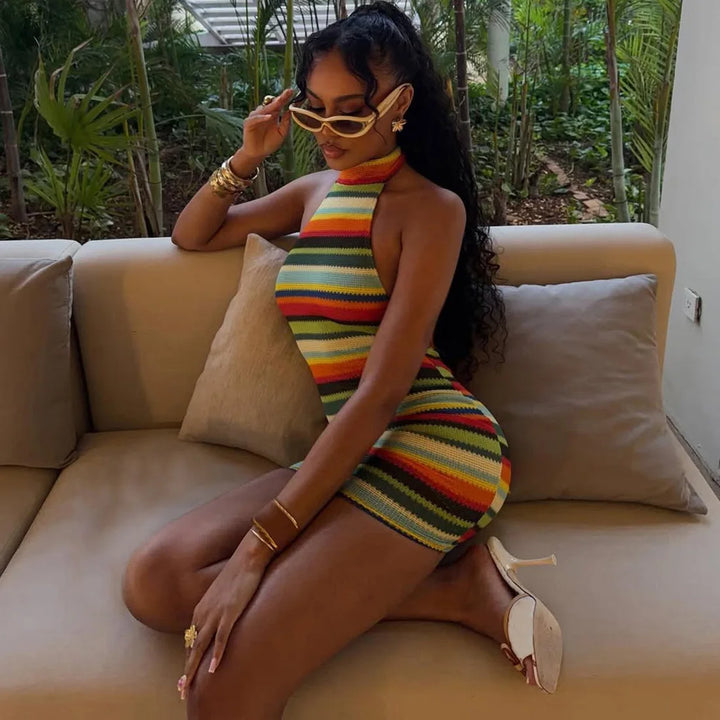 Cryptographic Halter Mini Dress Backless Colorful