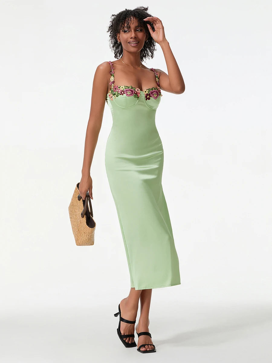 Luxury Satin Flower Embroidery Evening Gown
