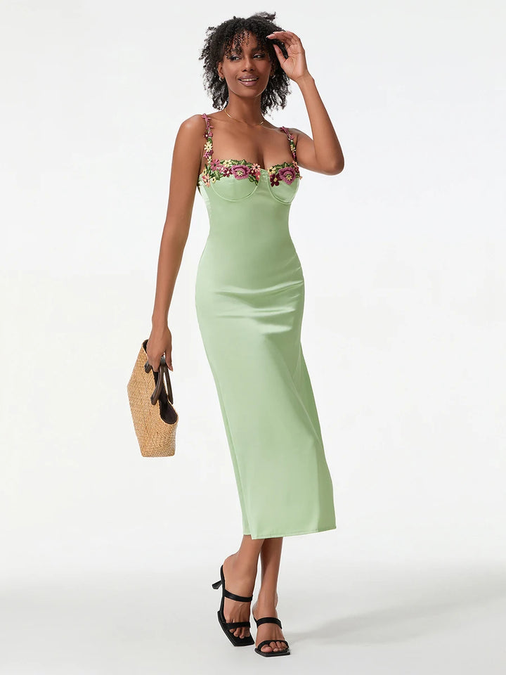 Luxury Satin Flower Embroidery Evening Gown