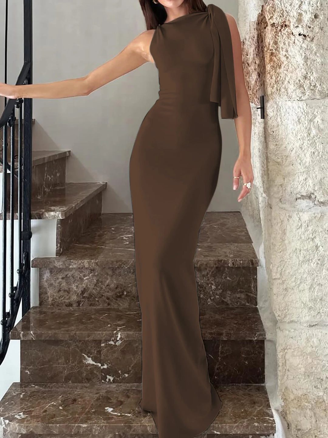 Hugcitar Solid O Neck Maxi Dress Patchwork Bodycon