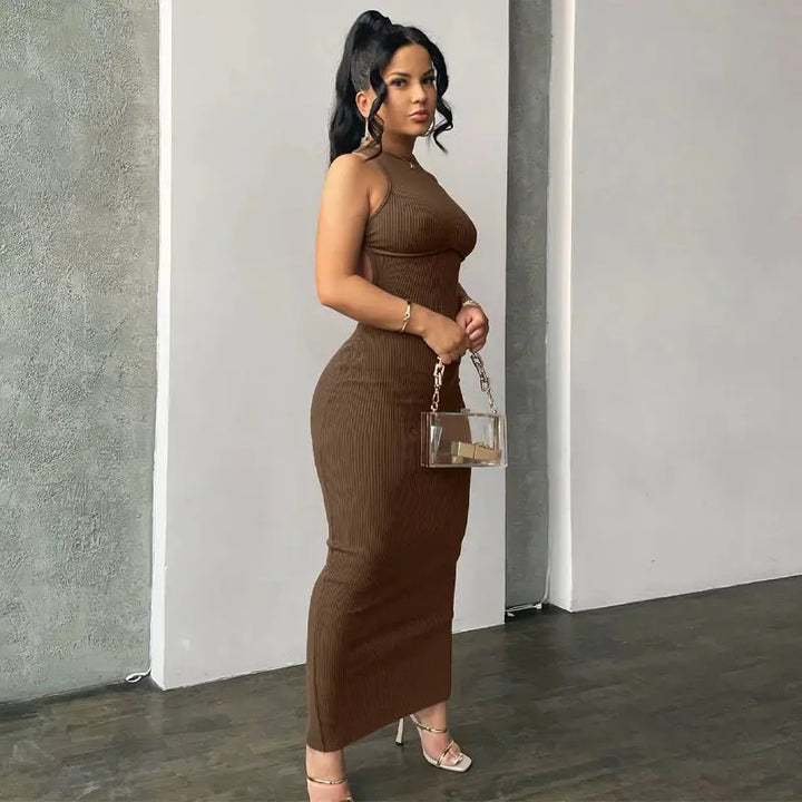 Hugcitar Ribbed Solid Hollow Out Backless Sleeveless Sexy Slit Mini Dress Bodycon 2025 Spring Women Outfits Elegant Party Y2K