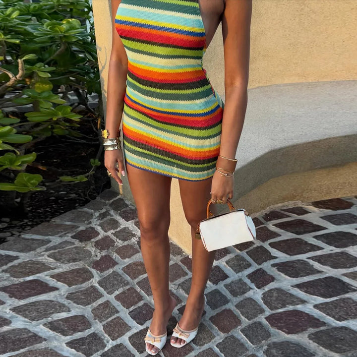 Luxurious Knit Stretch Stripe Halter Dress