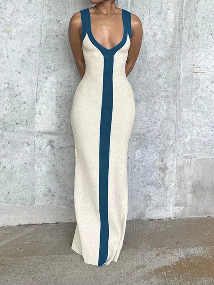 Stunning V-Neck Contrast Long Dress For Party and Club Events
