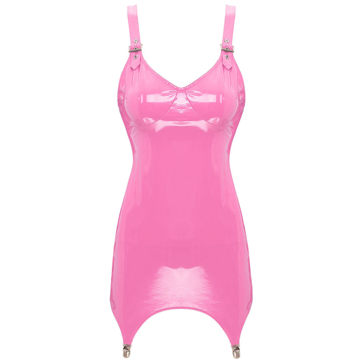 Yartina Glossy Patent V Neck Mini Dress