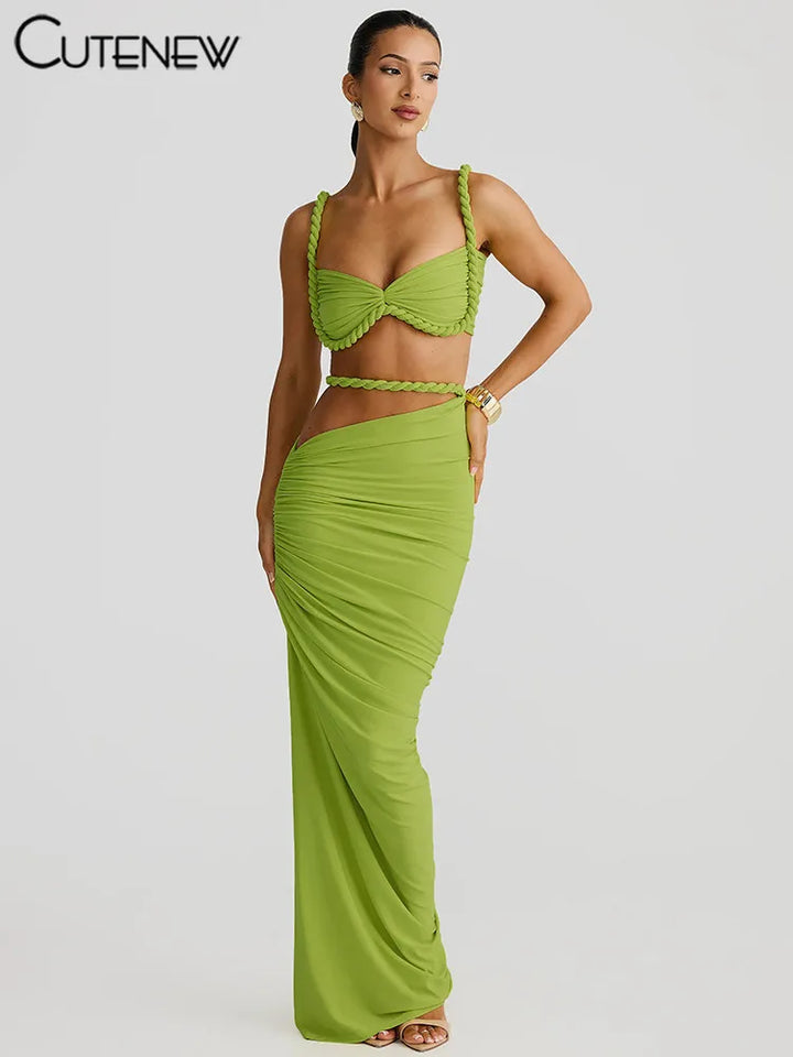 Chic Women Summer Vacation Set Pleated Crop Top
