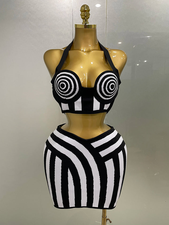 2025 Women Two Piece Striped Jacquard Bandage Set