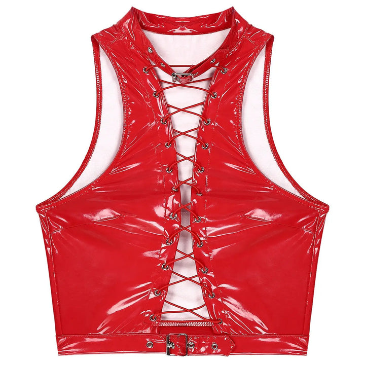 Women Leather Vest Gothic Steampunk Wet Look Hollow Out T-shirt Slim Bodycon Streetwear Sleeveless Crop Top Party Clubwear