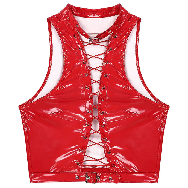 Women Leather Vest Gothic Steampunk Wet Look Hollow Out T-shirt Slim Bodycon Streetwear Sleeveless Crop Top Party Clubwear