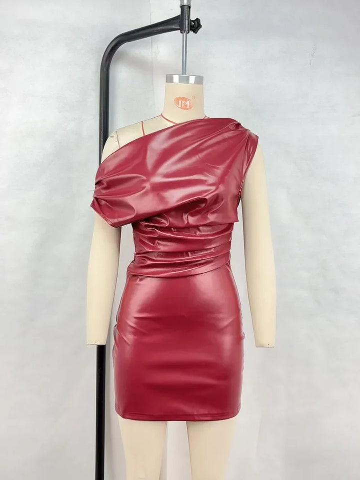 Elegant Sexy PU Leather Bodycon Mini Dress Ruched